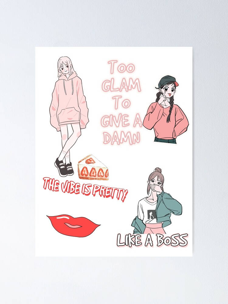 Cute Girl 桌布 壁紙 — 四個插圖動漫女孩，帶有粗體文字短語，如「Too Glam To Give A Damn」和「Like A Boss」，採用粉紅色和紅色色調。