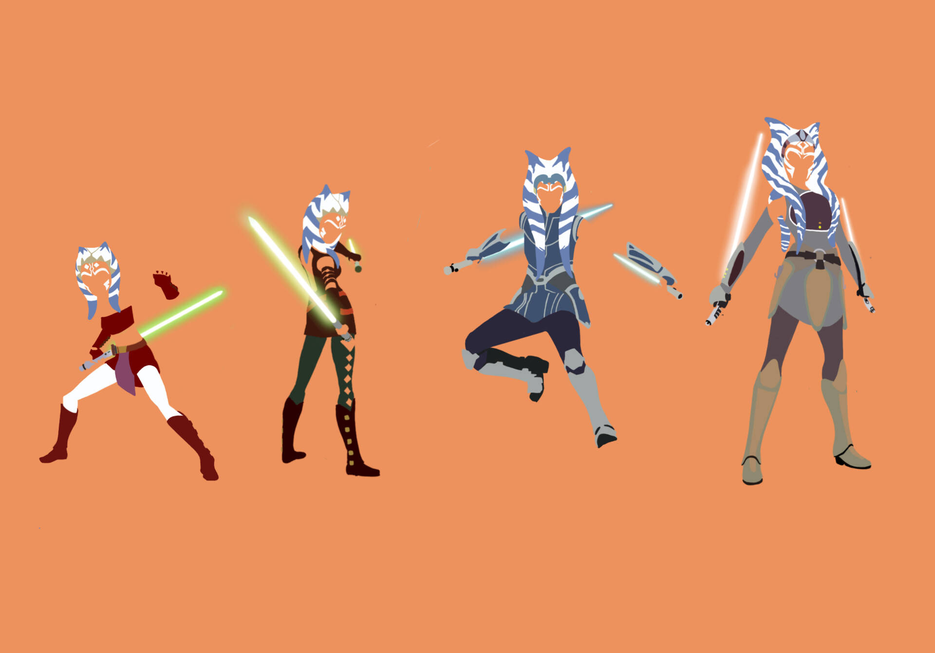 Ahsoka Tano 桌布 壁紙 — 四個插圖化的亞蘇卡·譚諾角色，在純橙色背景上以動態戰鬥姿勢揮舞光劍。