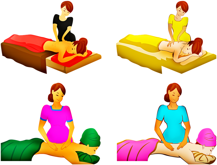 Massage 桌布 壁紙 — 四個插圖場景顯示按摩師在黑色背景下的彩色床上為客戶進行背部按摩。