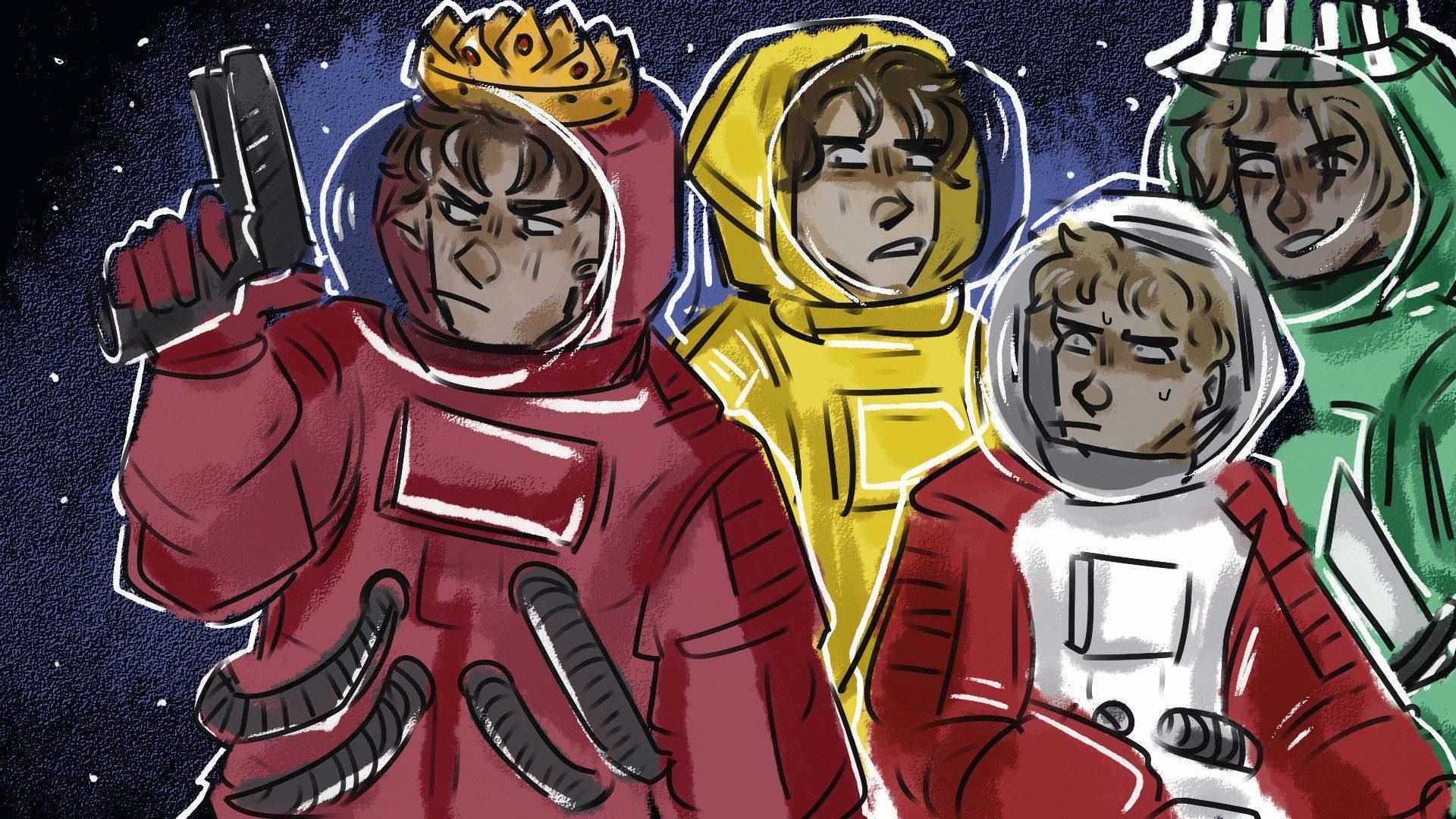 Mcyt 桌布 壁紙 — 四個插圖太空人身穿彩色太空服，站在星光燦爛的太空背景前，其中一個手持槍械並戴著皇冠。