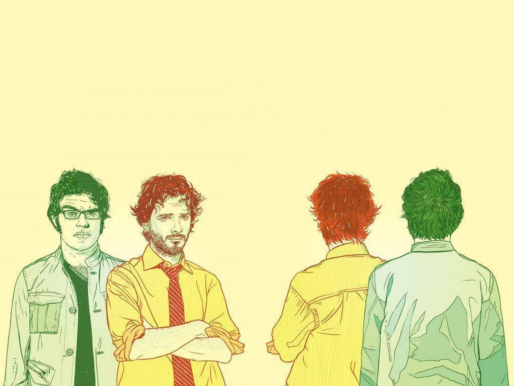 Flight Of The Conchords 桌布 壁紙 — 四個插圖男子，頭髮和服裝色彩繽紛，站在淡黃色背景前，兩個面向正面，兩個背對。