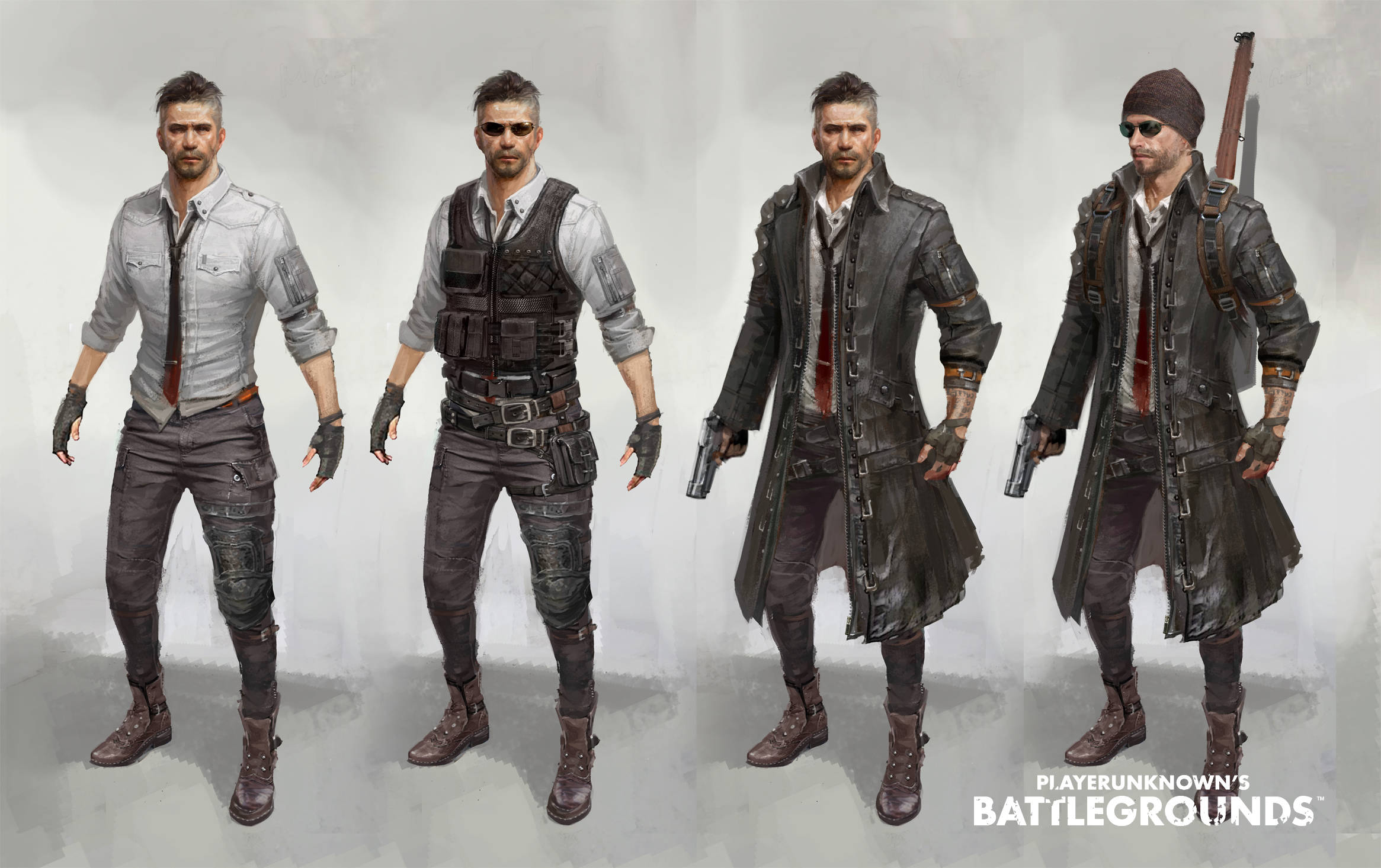 pubg 4K gaming 桌布 壁紙 — 四個插圖男性角色身穿戰術裝備，在灰色背景前站成一排，每人有不同的服裝和武器。