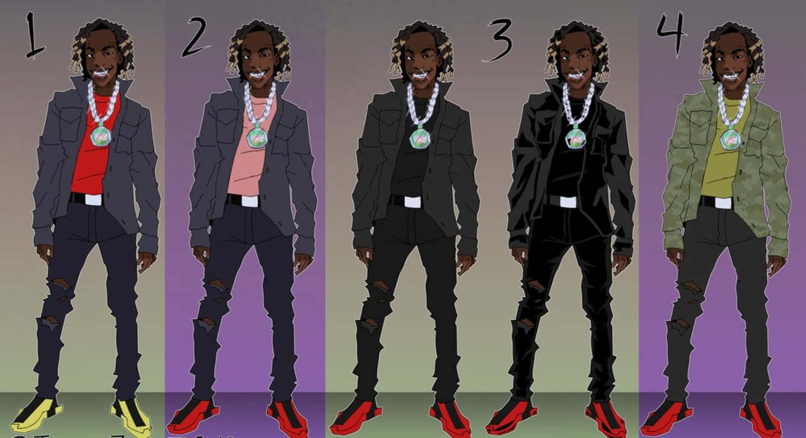 Ynw Melly Cartoon 桌布 壁紙 — 四個插圖角色變體，穿著外套、破洞牛仔褲和紅色鞋子，配有一條大項鍊。