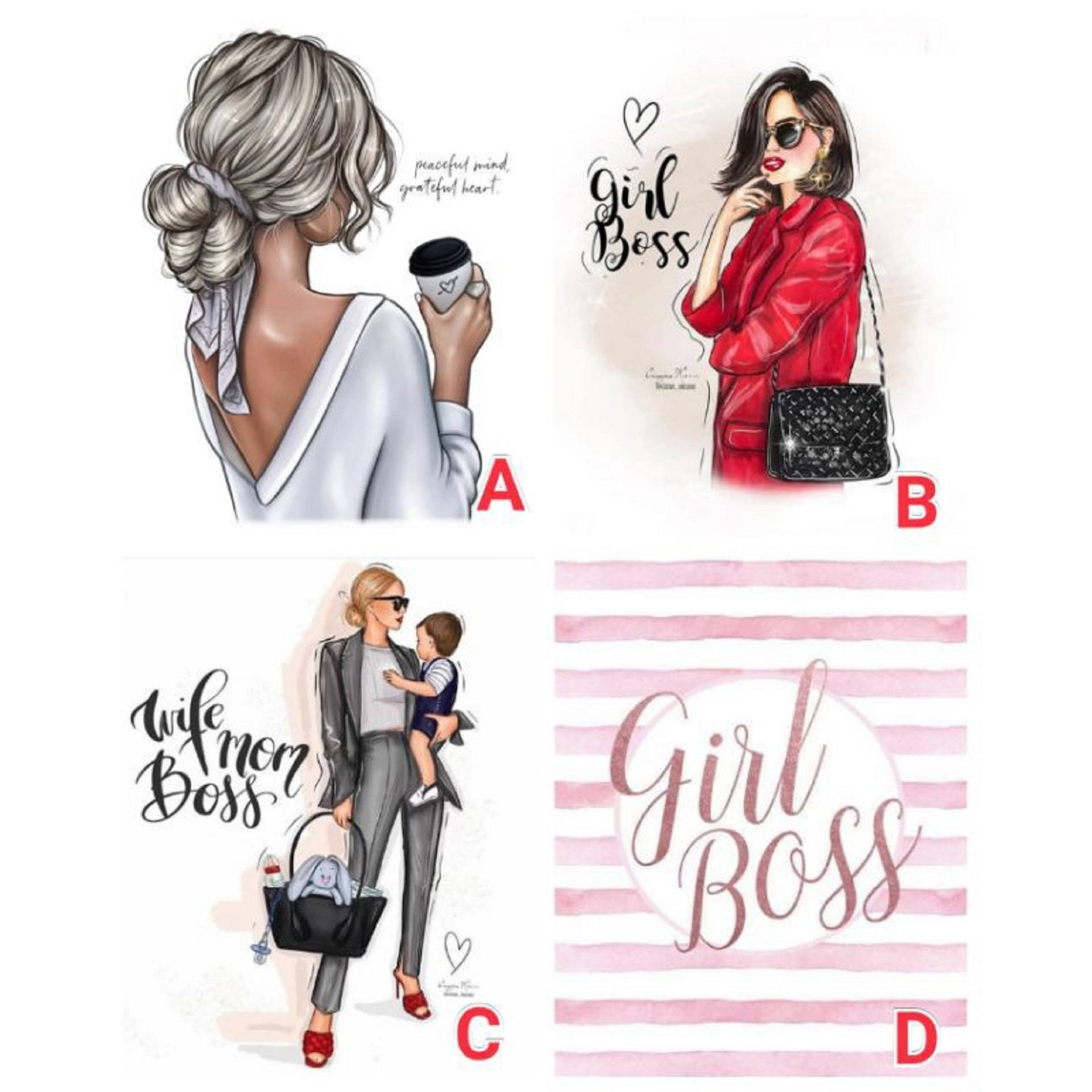 boss 桌布 壁紙 — 四個插圖面板，展示自信女性穿著時尚服裝，並帶有「Girl Boss」和「Wife Mom Boss」文字疊加。
