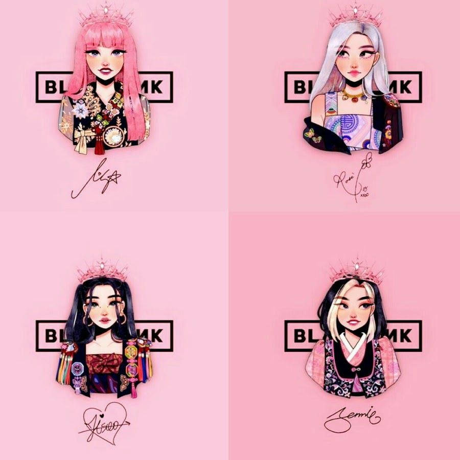四個動畫風格女孩，戴著皇冠，穿著彩色服裝，背景為粉色。 — Blackpink 動畫 GIF 壁紙