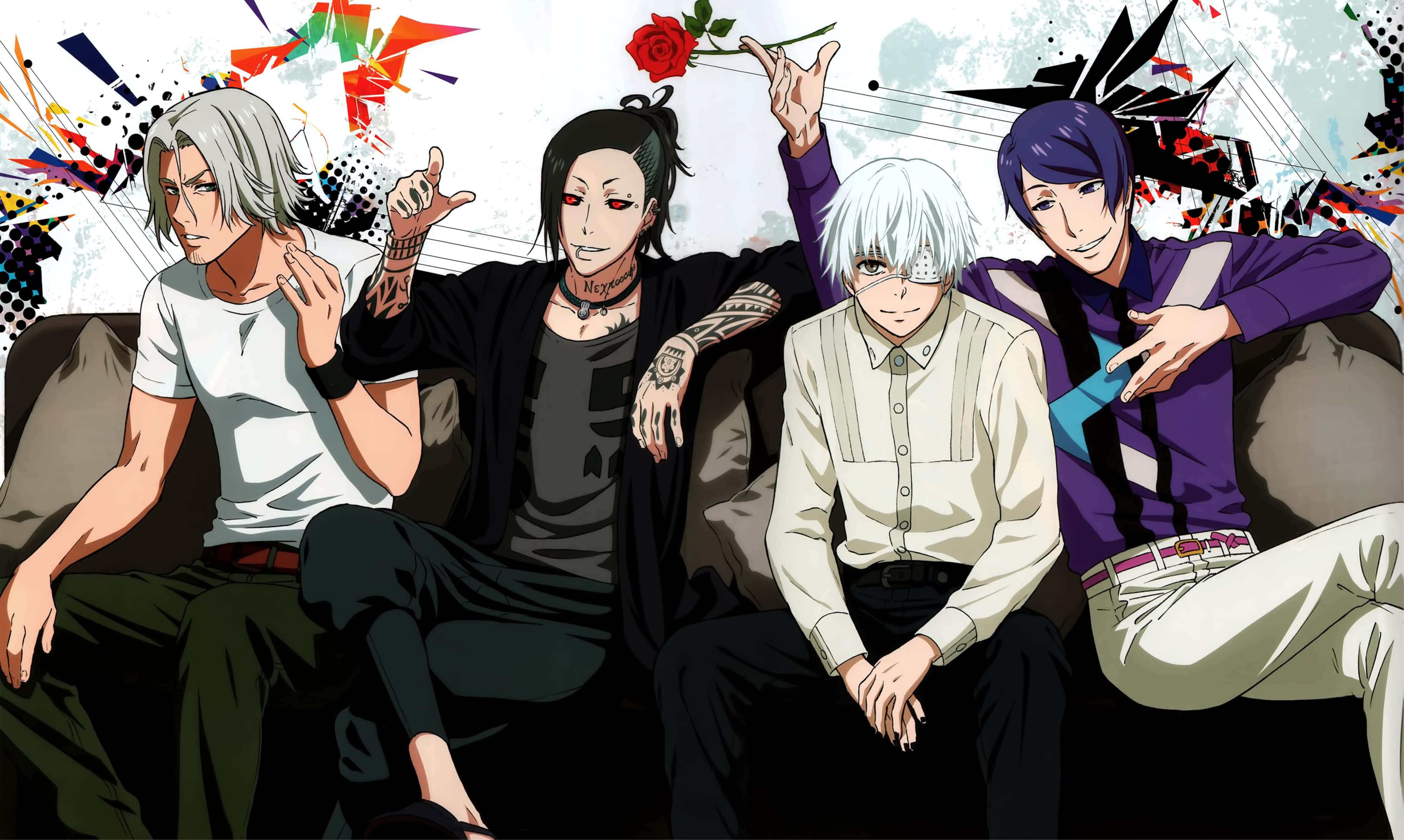 Tokyo Ghoul Uta 桌布 壁紙 — 四個擁有不同髮型和刺青的動漫角色在塗鴉風格背景的沙發上自信地擺姿勢。