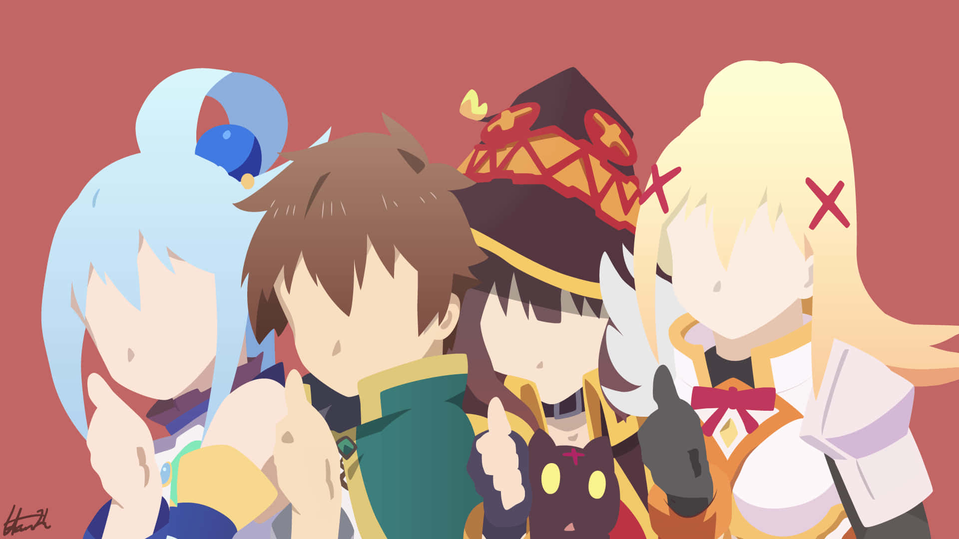 Konosuba 桌布 壁紙 — 四個擁有不同髮型和服裝的動漫角色在純紅色背景前一起擺姿勢。