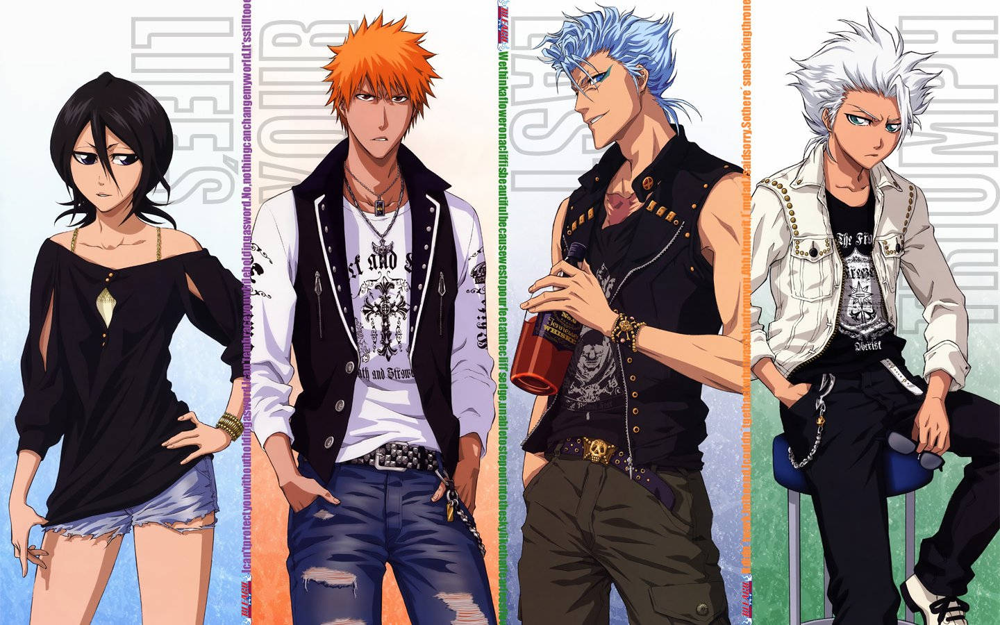 Ichigo Kurosaki 桌布 壁紙 — 四個擁有不同髮色和前衛服裝的動漫角色，在漸變背景前自信地擺姿勢。