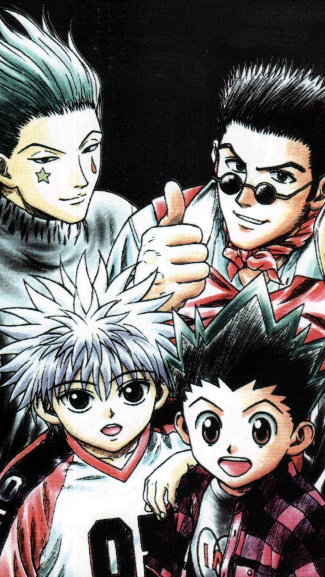 Hunter X Hunter iPhone 桌布 壁紙 — 四個擁有尖刺頭髮和富有表現力眼睛的動漫角色在黑暗背景前一起擺姿勢。