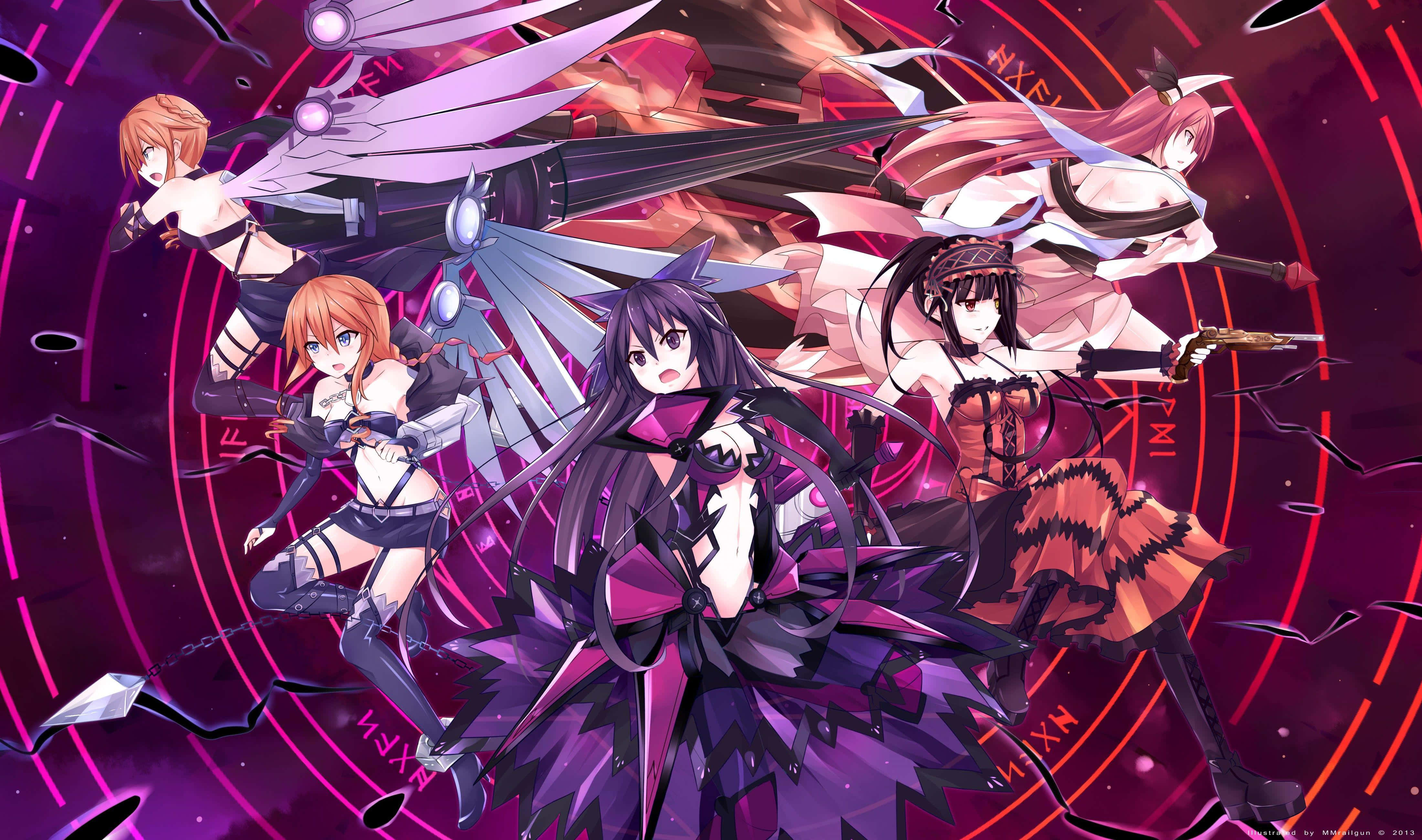 Date A Live 桌布 壁紙 — 四個擁有機械翅膀和武器的動漫女孩，在發光的紫色和紅色圓形背景前動態擺姿勢。