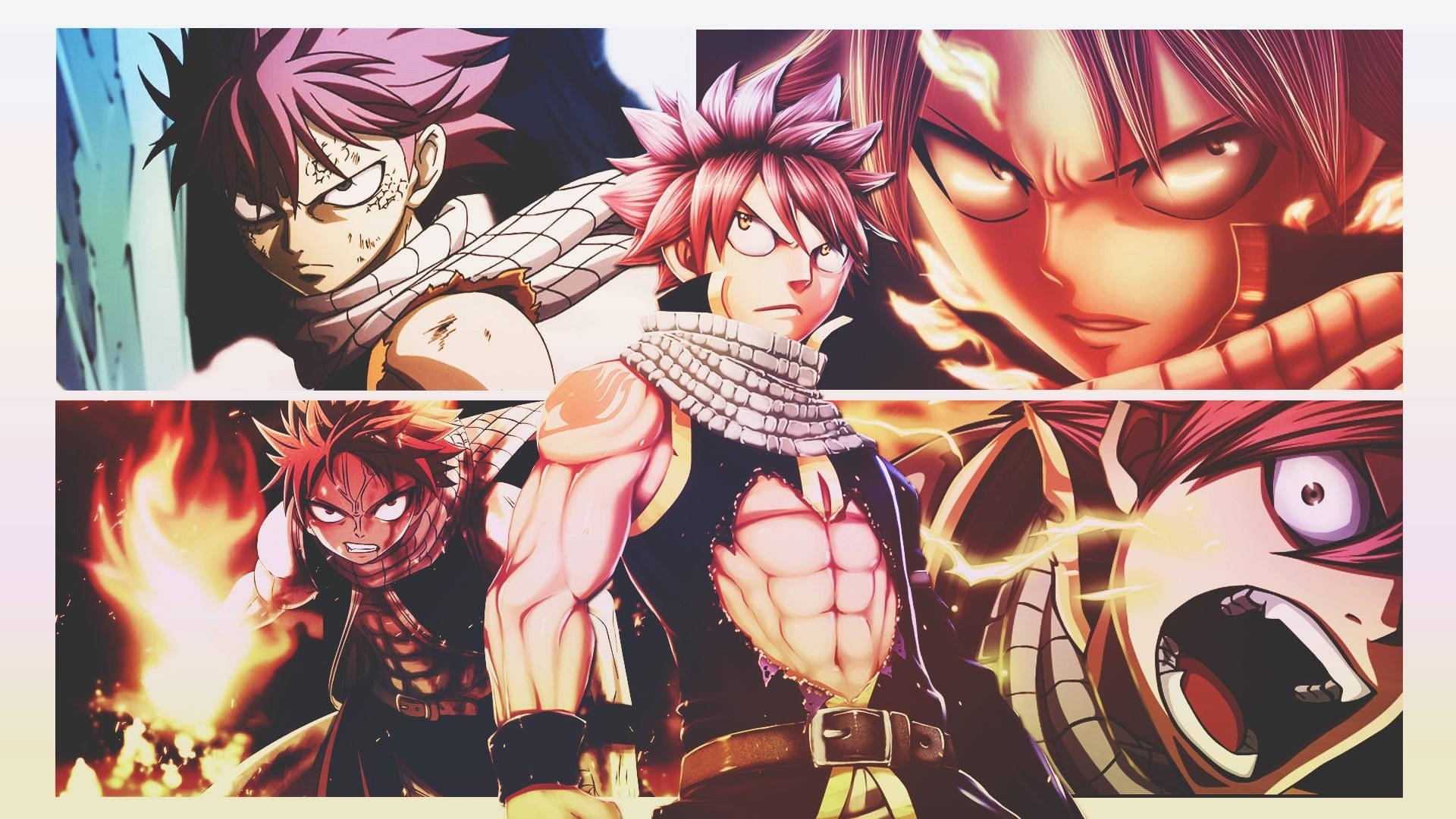 Fairy Tail Characters 桌布 壁紙 — 四個擁有火焰般頭髮和強烈表情的動漫角色在動態漫畫格中展示強大的魔法能量。