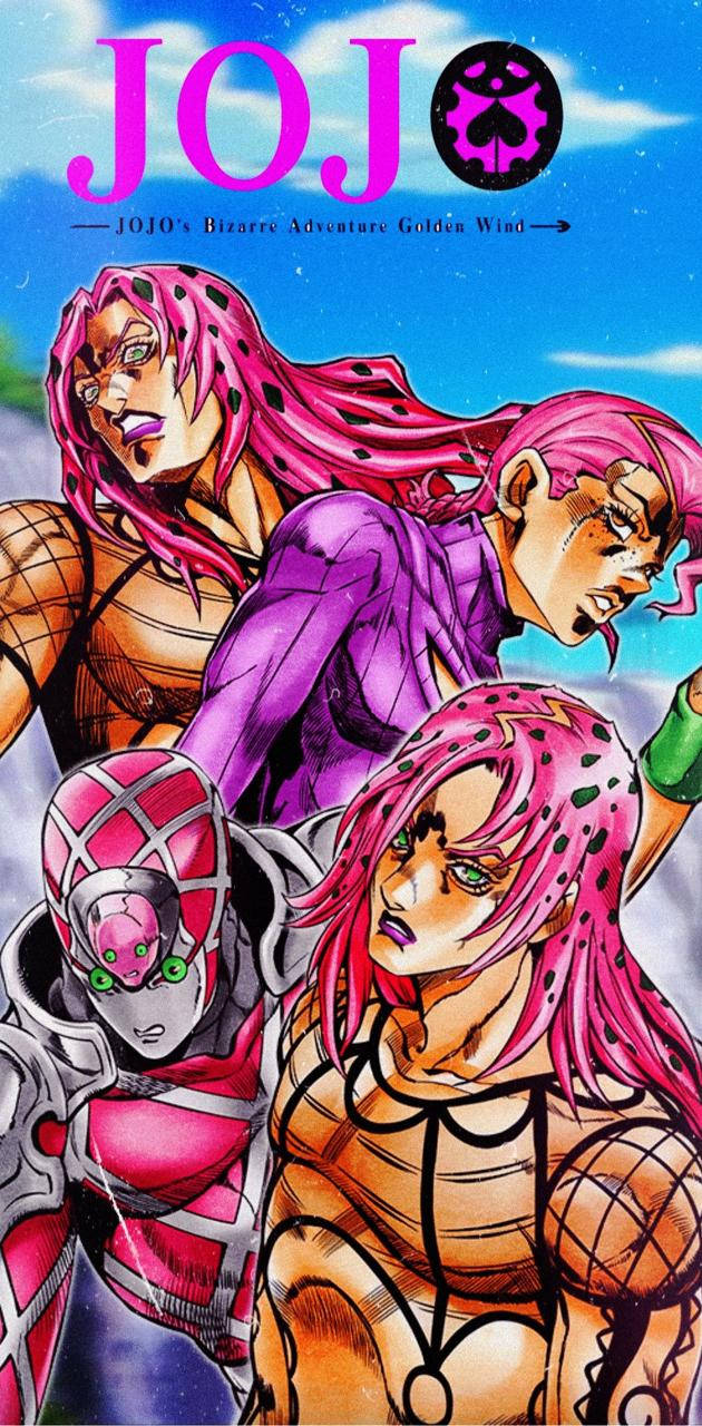 Jojo 桌布 壁紙 — 四個擁有粉紅色頭髮和大膽服裝的動漫角色，在藍天白雲下動態擺姿勢。