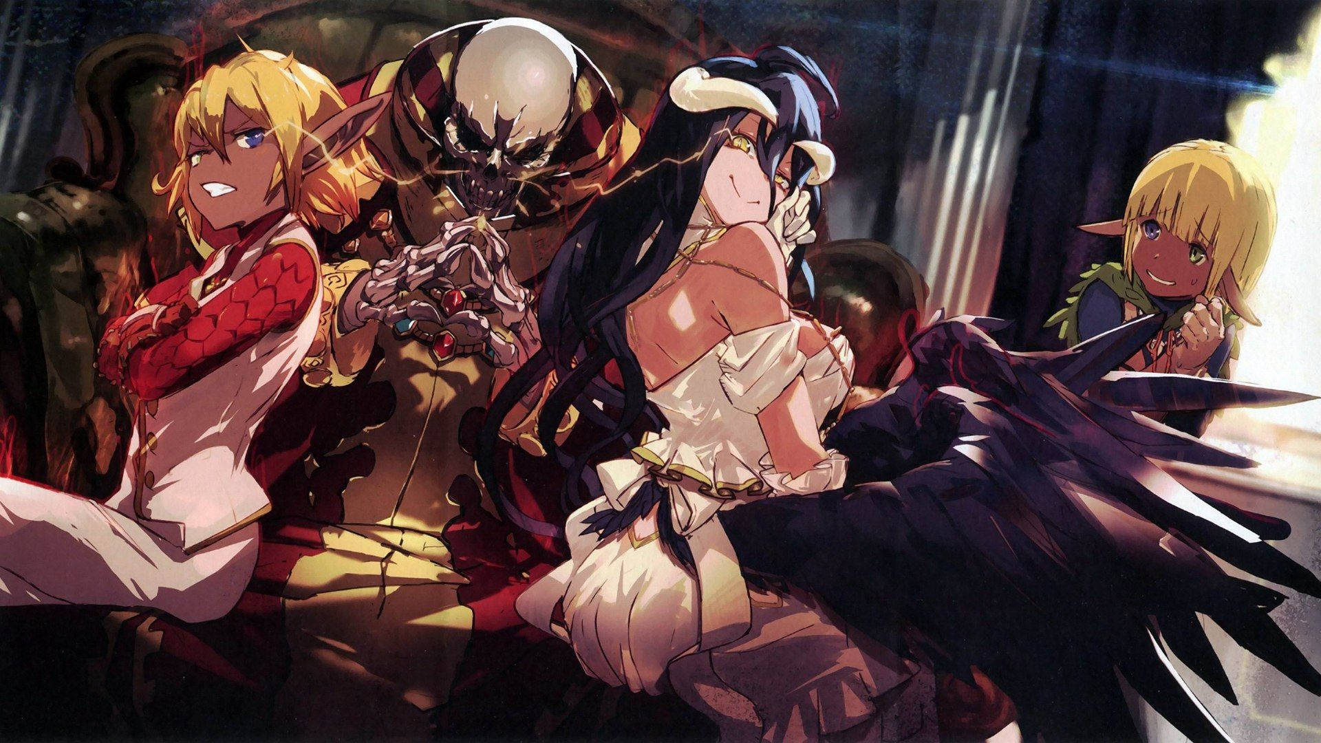 Overlord 桌布 壁紙 — 四個擁有精靈耳朵和奇幻服飾的動漫角色在昏暗、氣氛濃厚的室內場景中戲劇性地擺姿勢。