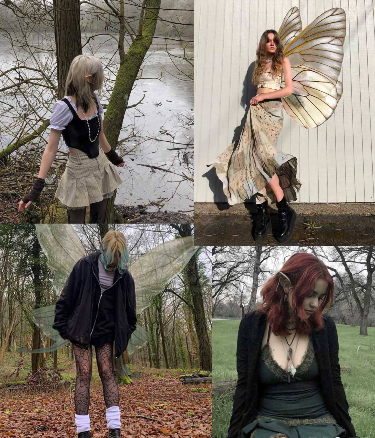 Fairy Grunge 桌布 壁紙 — 四個擁有蝴蝶翅膀的個體在森林和城市環境中擺姿勢，將奇幻角色扮演與自然和建築背景融合。