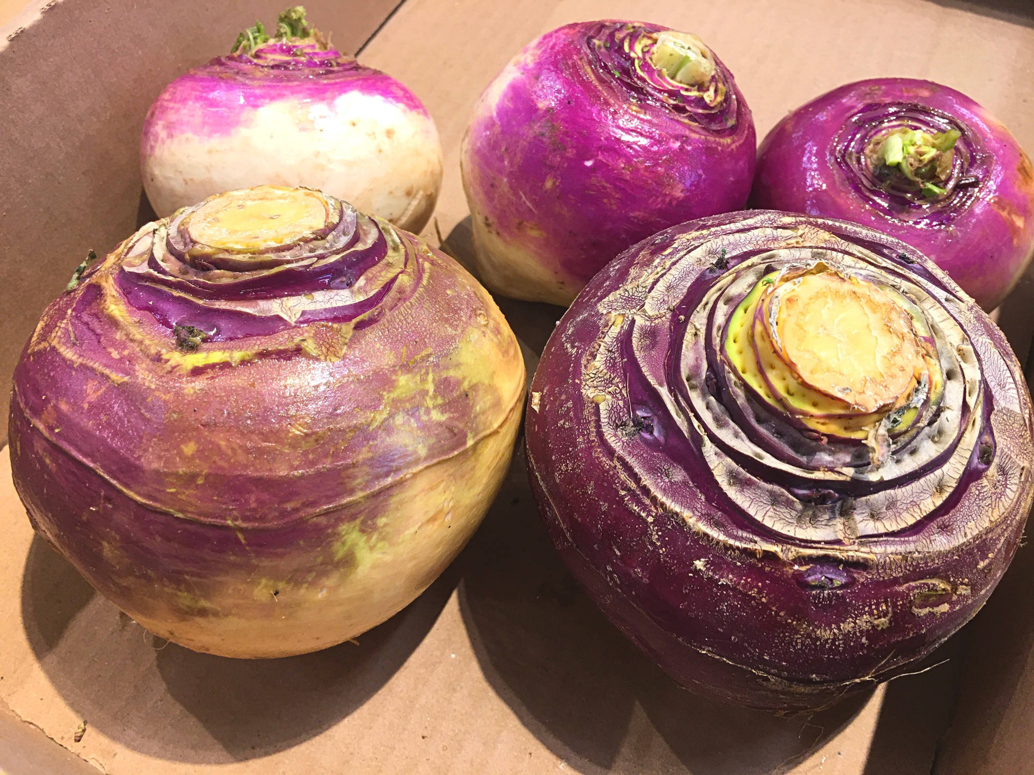 Healthy Food 桌布 壁紙 — 四個新鮮的紫白色蕪菁甘藍的特寫，表皮有紋理，帶綠色莖部，放在棕色紙板上。