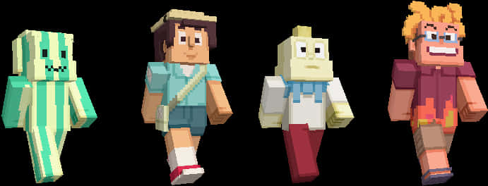 Minecraft Character 桌布 壁紙 — 四個方塊狀Minecraft風格角色，穿著不同的服裝和表情，並排站在黑色背景前。