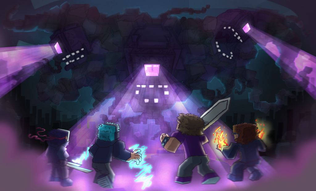 Wither 桌布 壁紙 — 四個方塊狀冒險者手持發光武器，站在一個發光紫色傳送門前，身處一個由浮動燈光照亮的黑暗洞穴中。