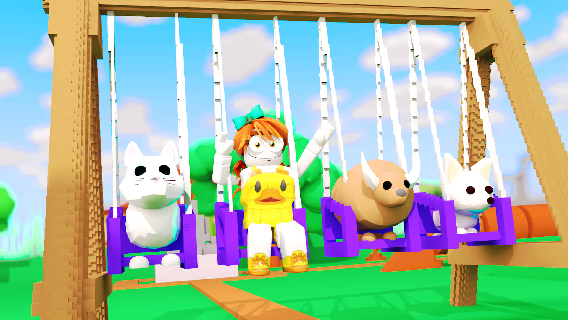 Cute Roblox 桌布 壁紙 — 四個方塊狀卡通角色，包括貓和一頭牛，在明亮的藍天下快樂地盪著紫色鞦韆。
