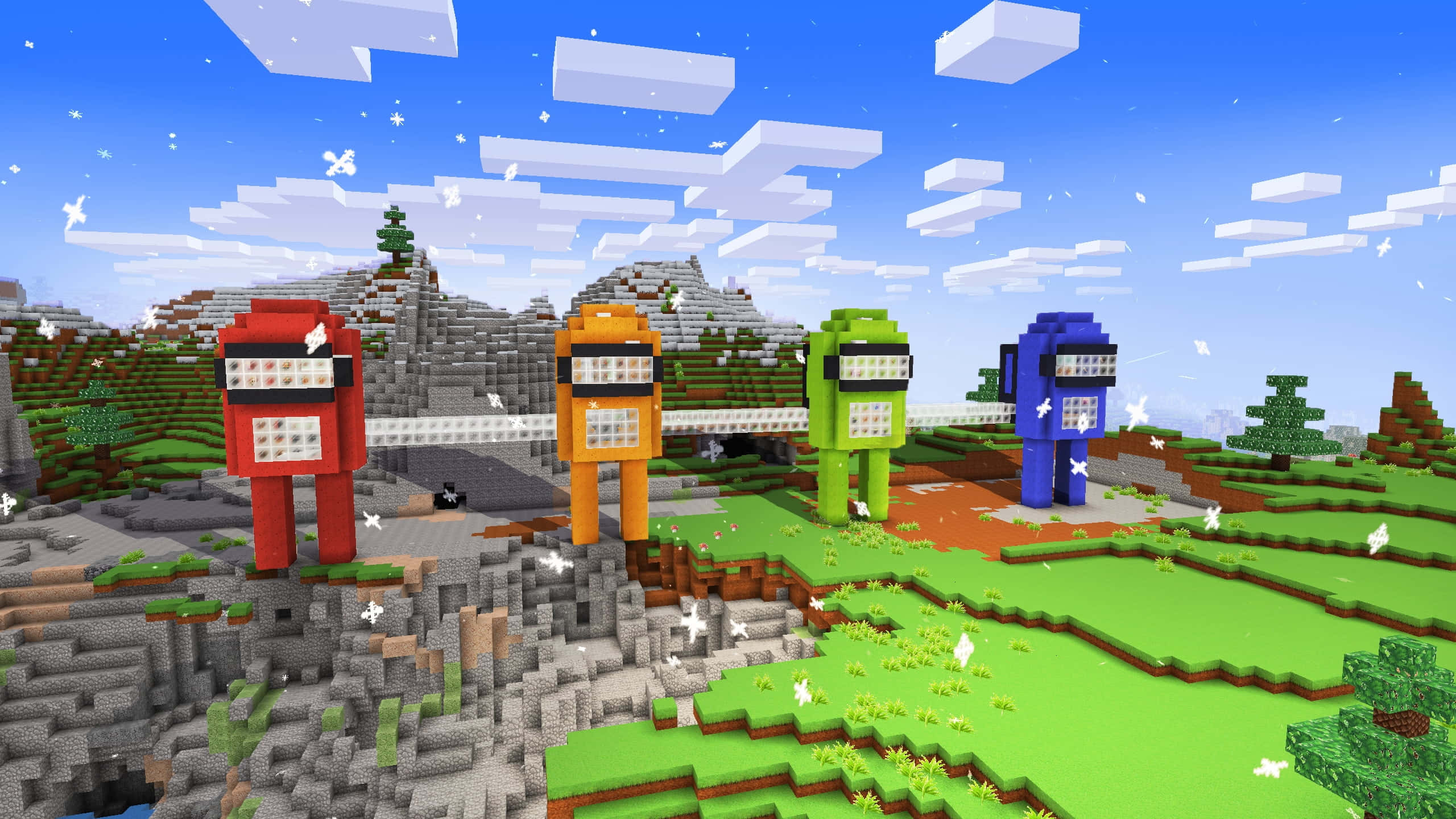 Minecraft Adventure 桌布 壁紙 — 四個方塊狀的Among Us角色站在Minecraft風格的風景中，有綠色山丘和漂浮的雲。