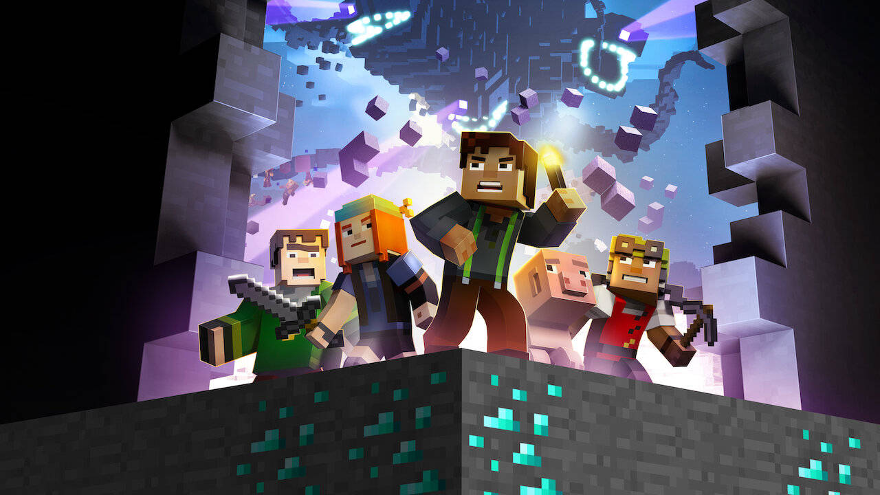 四個Minecraft角色在石架上手持工具，上方有發光的船隻。