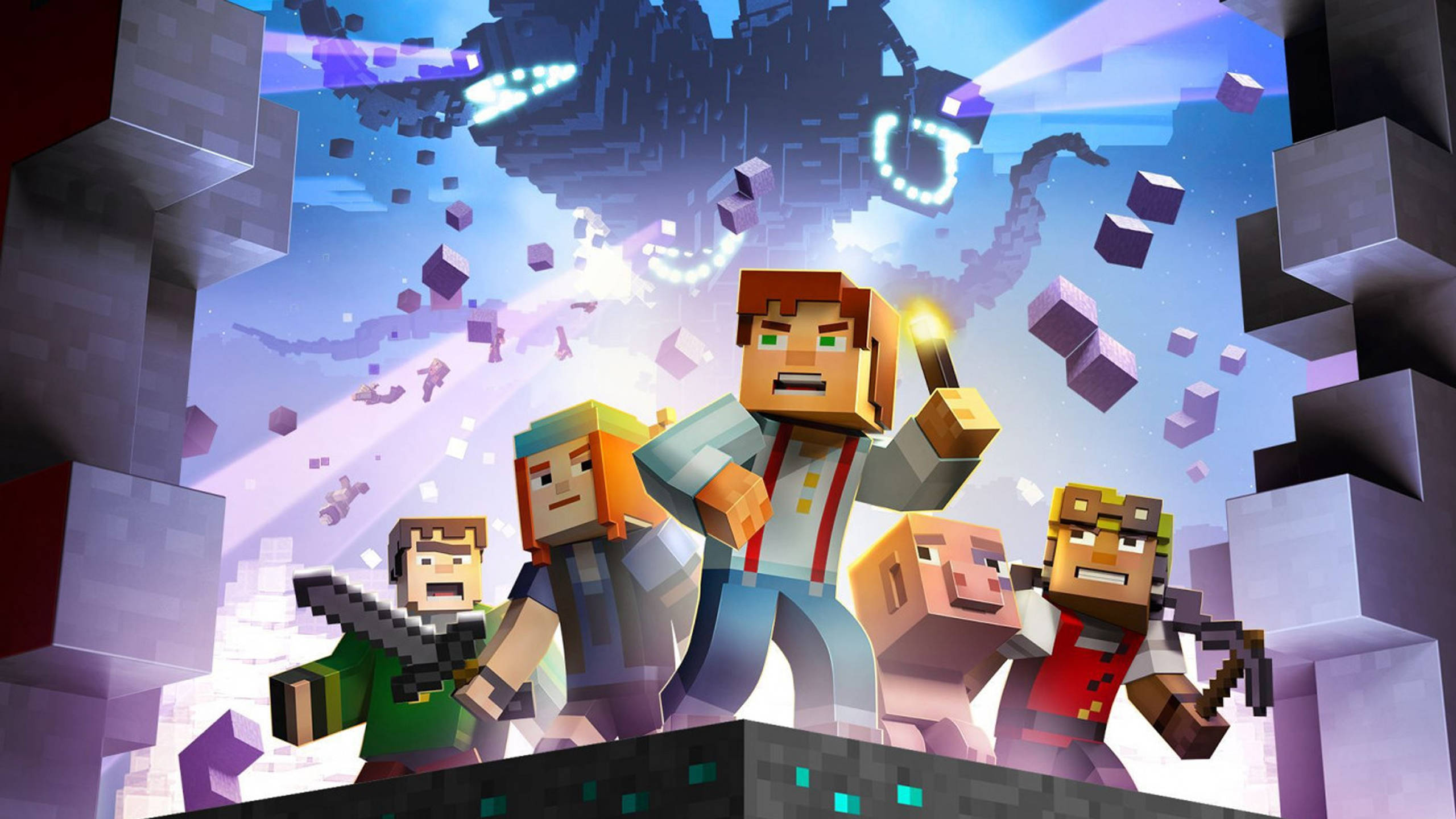 我的世界 高畫質壁紙 桌布 壁紙 — 四個方塊狀的Minecraft角色英勇地站在懸崖邊緣，發光的粒子和漂浮的立方體在他們周圍爆炸，背景是宇宙天空。