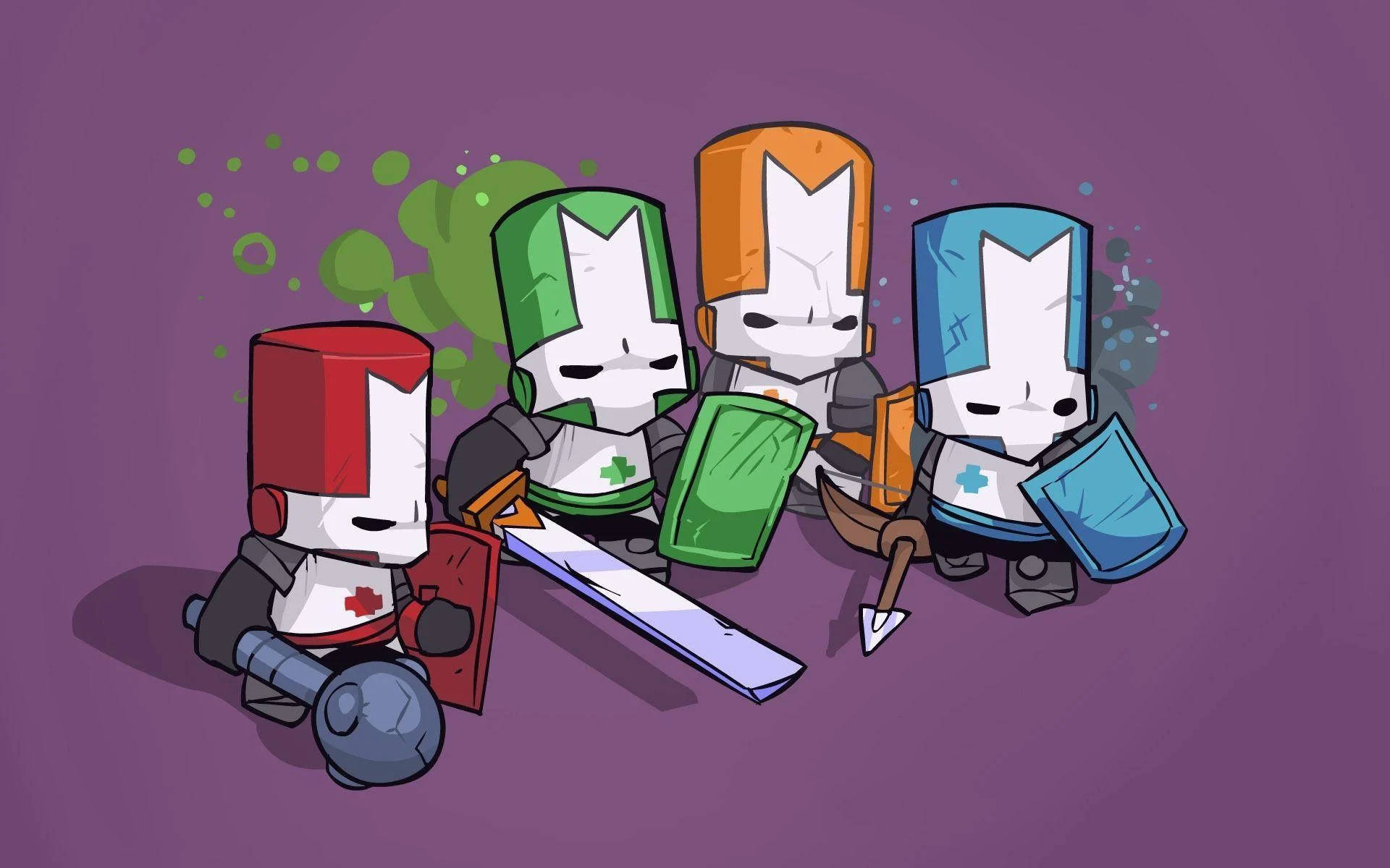 Castle Crashers 桌布 壁紙 — 四個方塊頭騎士身穿彩色盔甲，手持武器，站在紫色背景前。