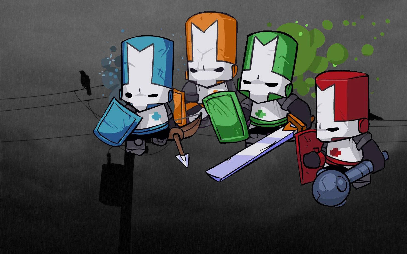 Castle Crashers 桌布 壁紙 — 四個方塊頭騎士身穿色彩鮮豔的盔甲，手持盾牌和劍，在黑暗粗糙的城市背景下準備就緒。