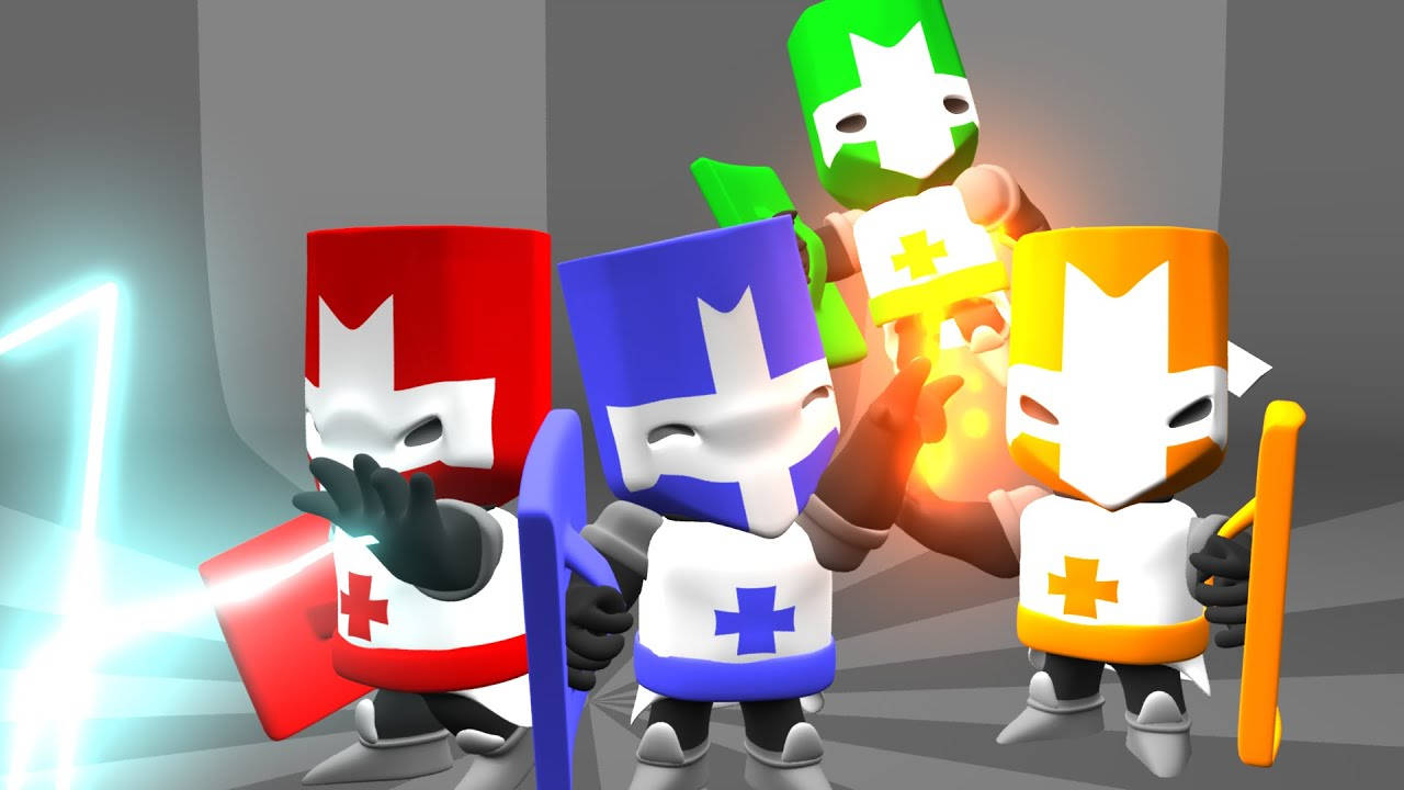 Castle Crashers 桌布 壁紙 — 四個方塊騎士角色，身穿紅色、藍色、綠色和橙色盔甲，盔甲上有十字架，站在一起，散發著能量光芒。