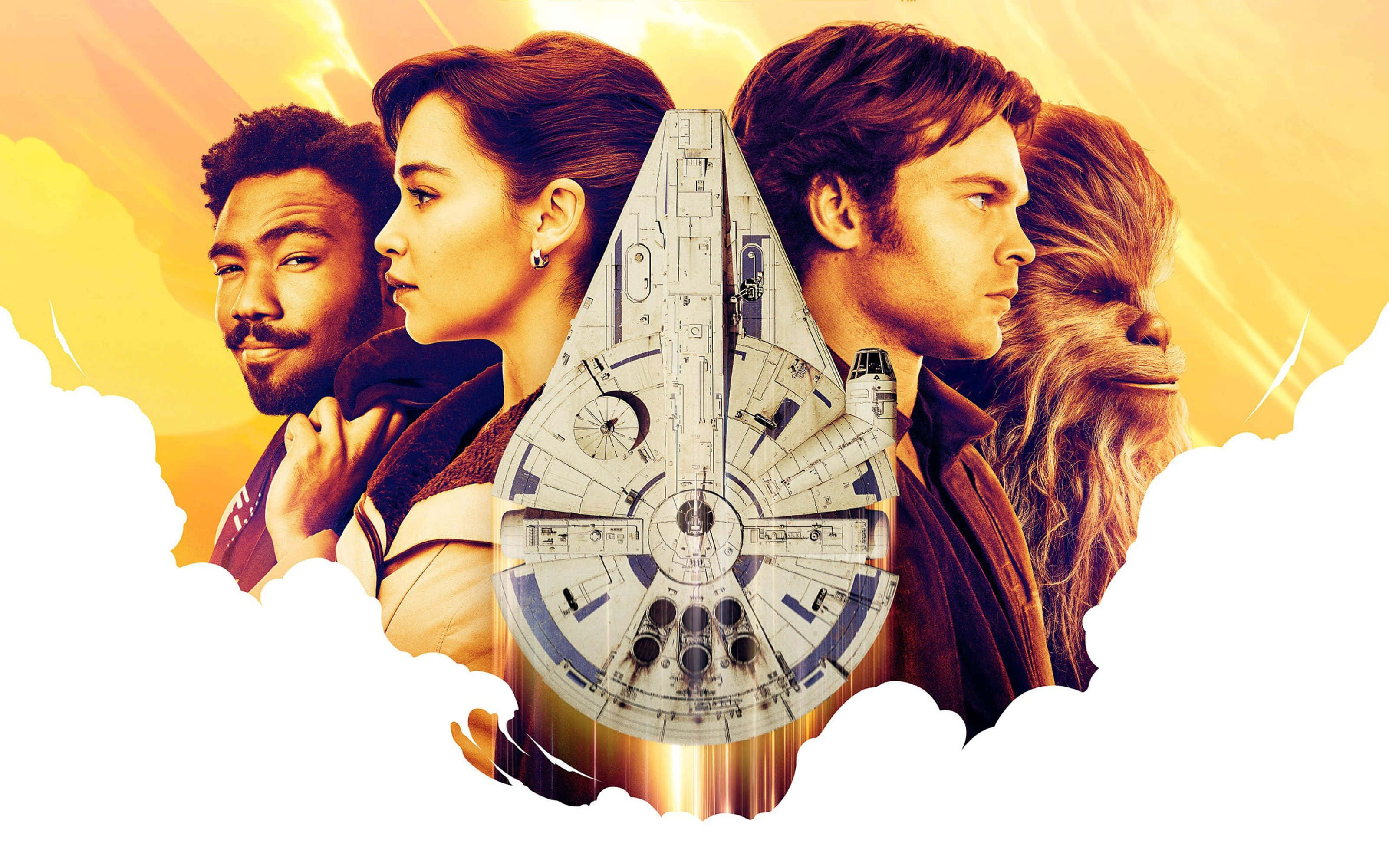 Solo A Star Wars Story 桌布 壁紙 — 四個星戰角色和千年鷹號剪影，映襯著燦爛的金色天空。