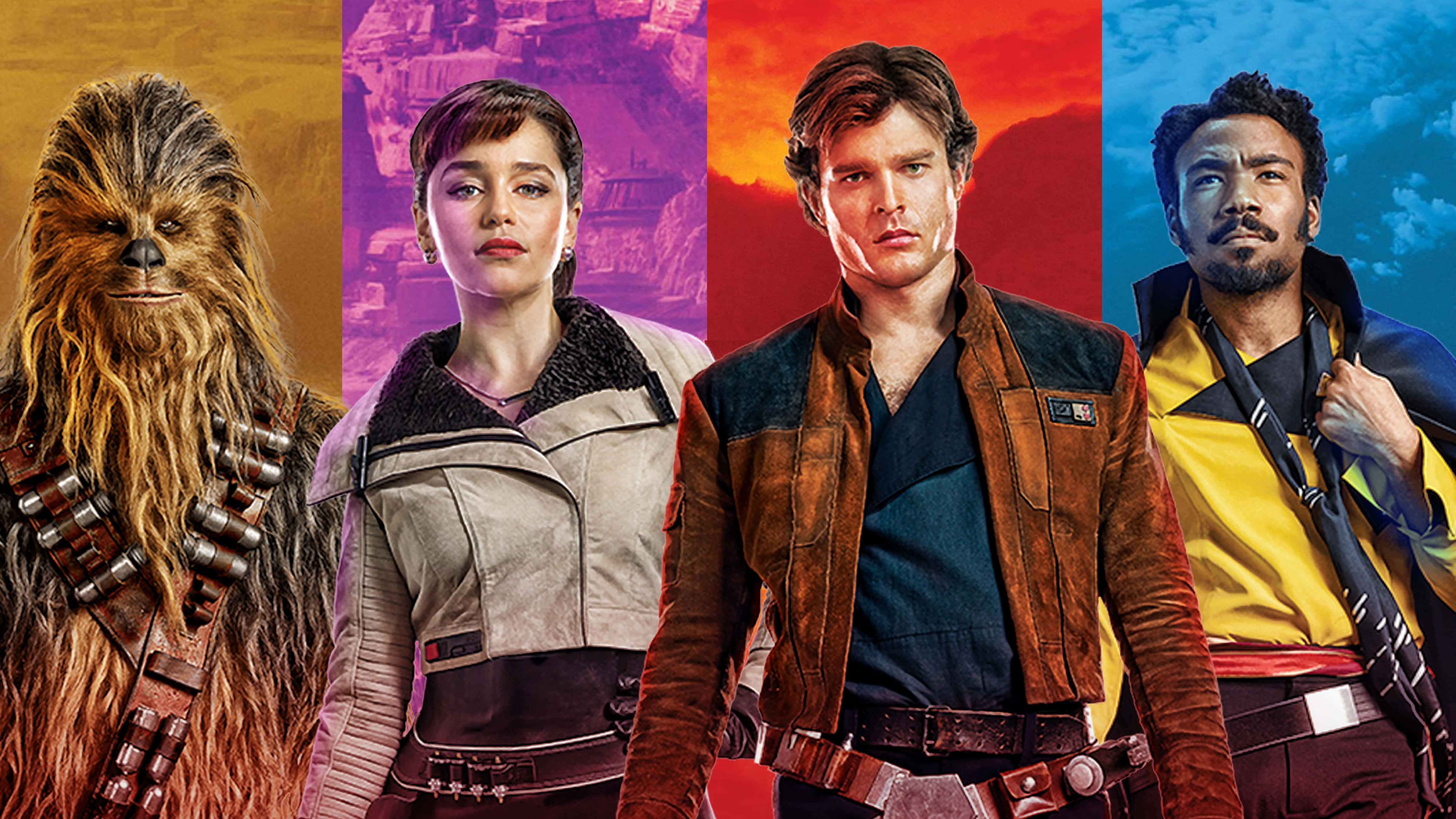 Solo A Star Wars Story 桌布 壁紙 — 四個星際大戰角色站在鮮豔的彩色背景前，展現他們獨特的個性和標誌性服裝。