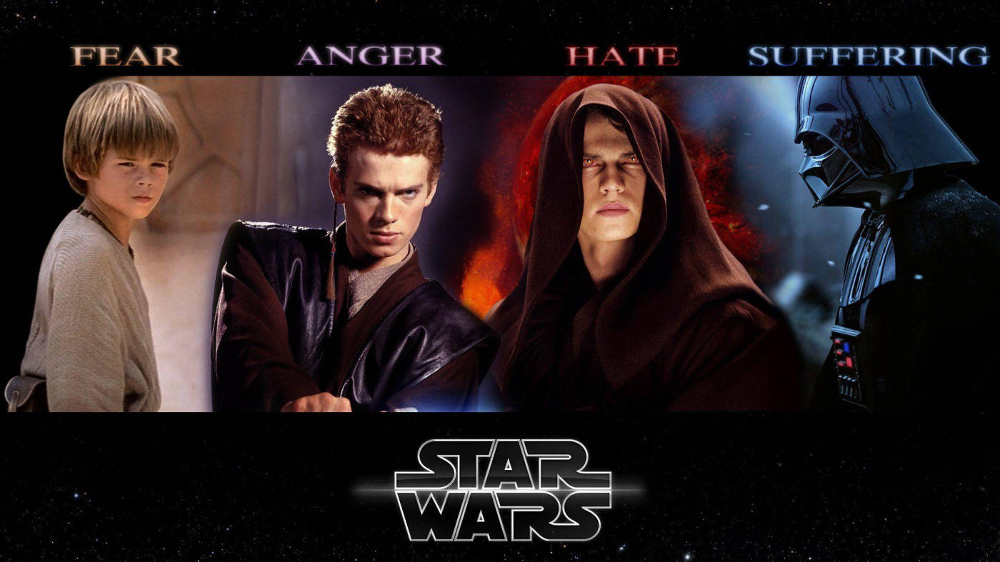 Star Wars Characters 桌布 壁紙 — 四個星際大戰角色體現恐懼、憤怒、仇恨和痛苦，背景是星空，下方是標誌性標誌。