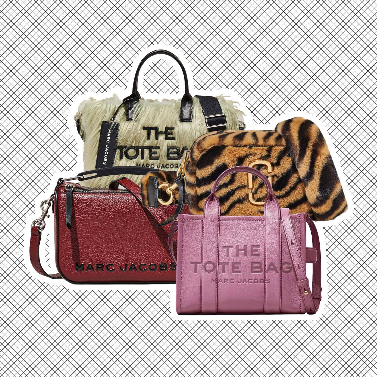 馬克·雅可布 桌布 壁紙 — 四個時尚的 Marc Jacobs 手袋，採用毛皮老虎印花紅色和粉紅色皮革，排列在格子背景上。