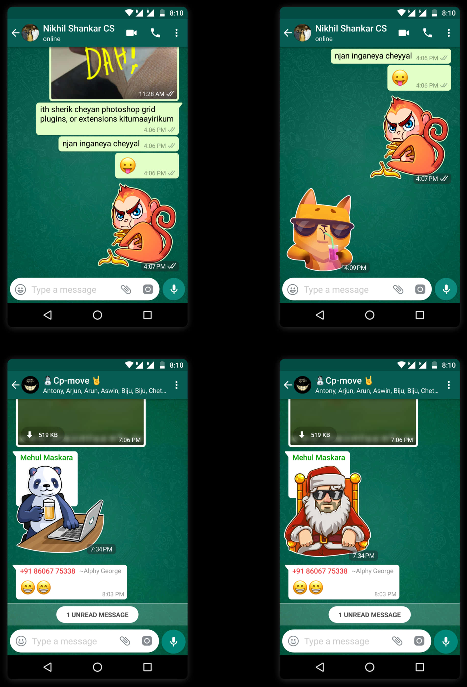 Phone Screen 桌布 壁紙 — 四個智慧型手機螢幕顯示WhatsApp聊天，帶有卡通猴子、貓和熊貓貼紙，背景為深綠色。