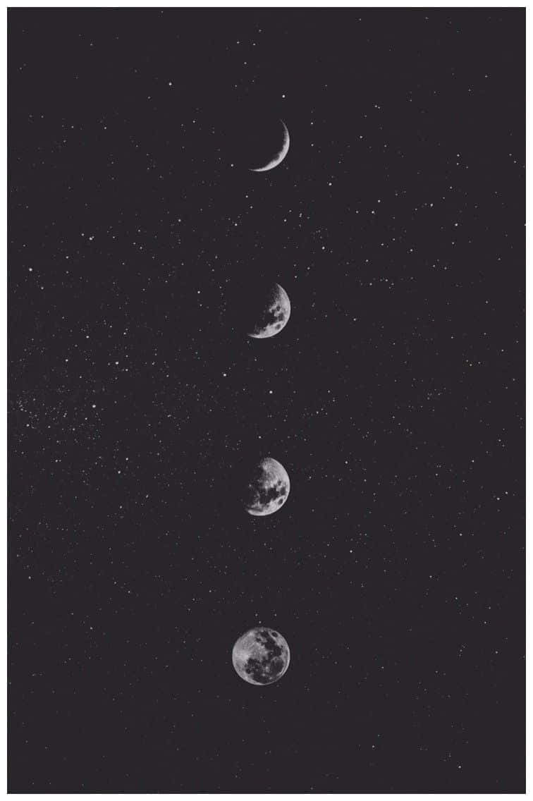 桌布 壁紙 — 四個月亮相位垂直排列，背景是繁星夜空，單色調。