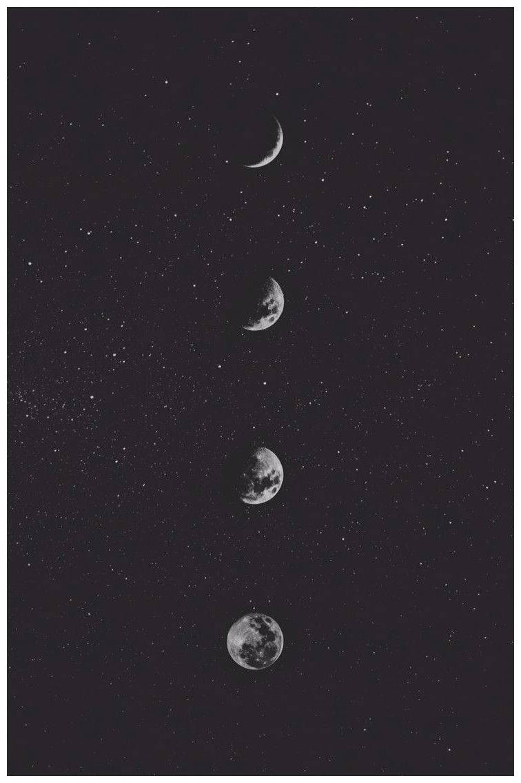 月光 桌布 壁紙 — 四個月亮相位垂直排列，背景是繁星夜空，單色調。