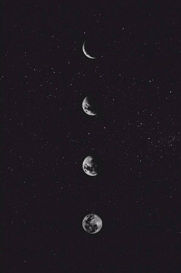 美學 Tumblr 桌布 壁紙 — 四個月亮相位垂直排列，背景是繁星夜空，單色調。