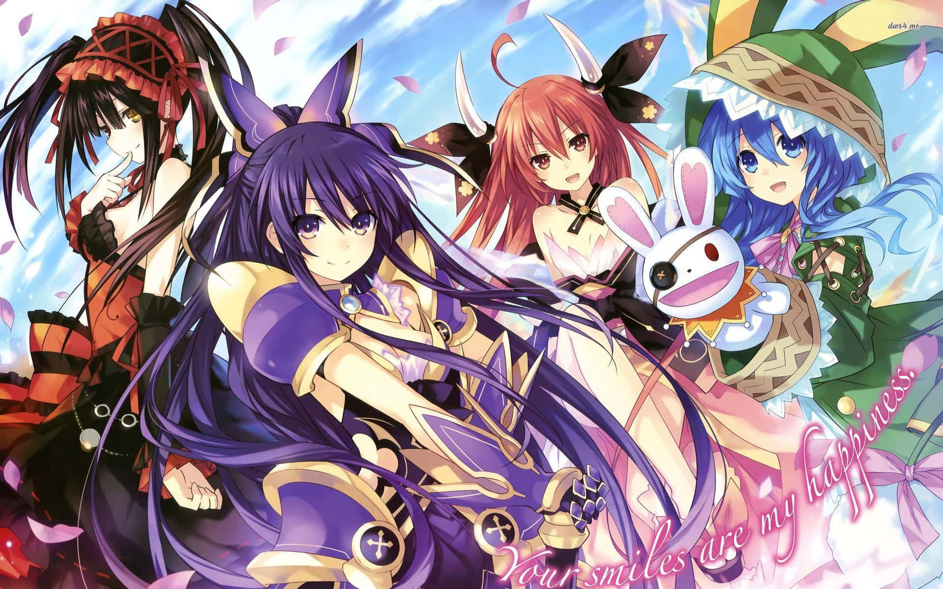 Date A Live 桌布 壁紙 — 四個有動物耳朵和色彩繽紛服裝的動漫女孩，在明亮的天空下，粉色花瓣飄落，開心地擺姿勢。