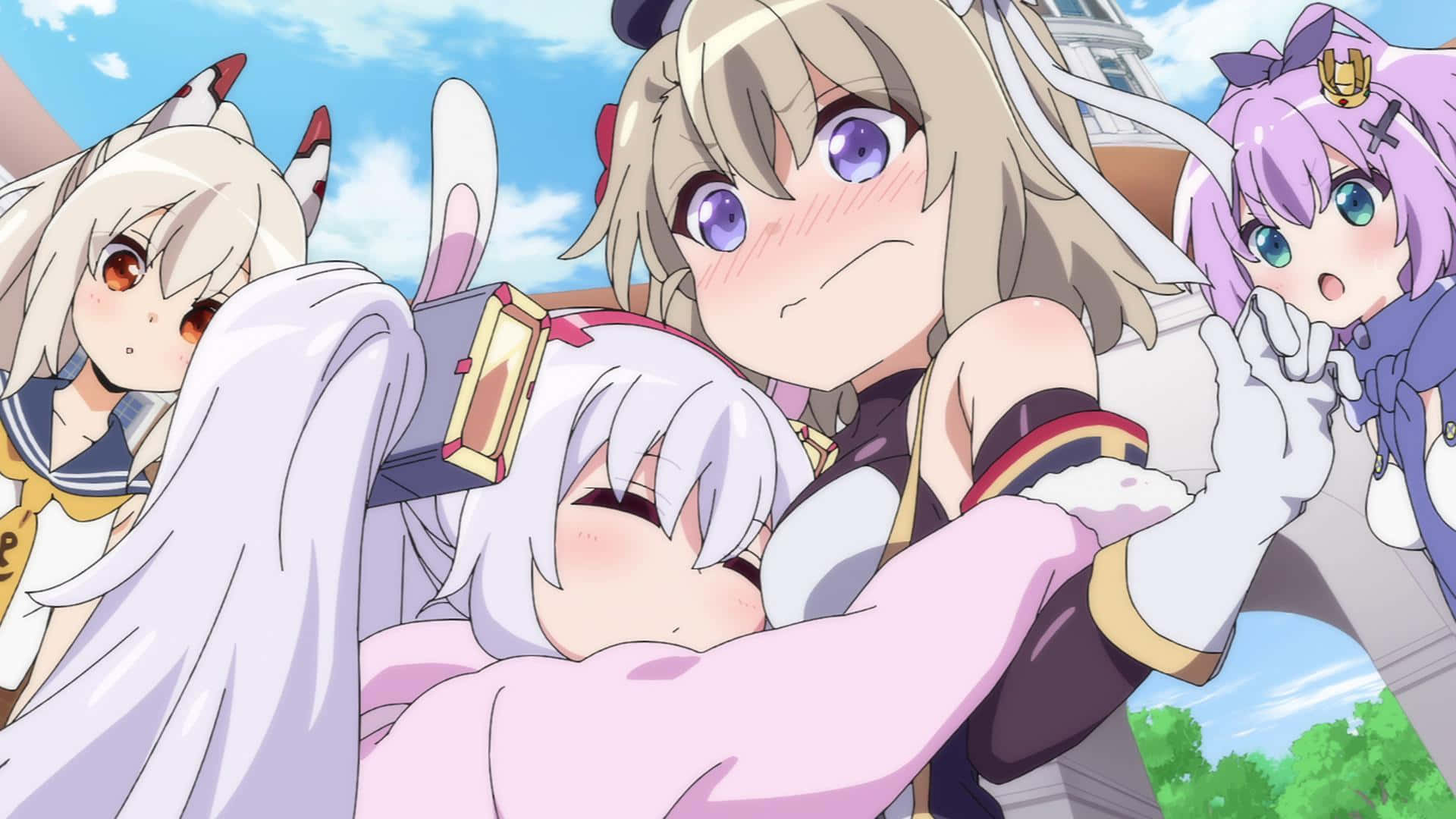 Azur Lane 桌布 壁紙 — 四個有動物耳朵的動畫女孩在戶外藍天白雲下頑皮地擺姿勢。