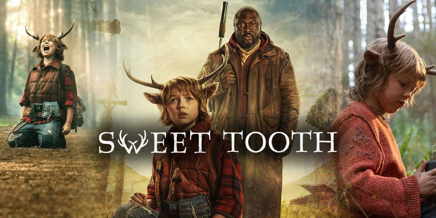 Tooth 桌布 壁紙 — 四個有鹿角的角色站在迷霧森林中，其中一個拿著步槍，在金色陽光下。