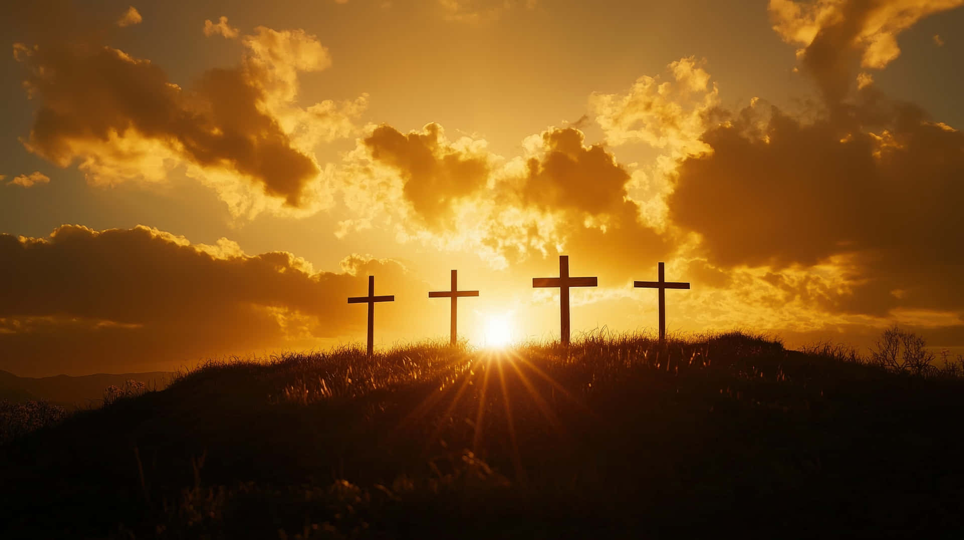 A serene and symbolic scene of four crosses silhouetted against a golden sunset, representing faith 壁紙 — 四個木製十字架在長滿草的山丘上形成剪影，夕陽穿過金色雲層綻放光芒。