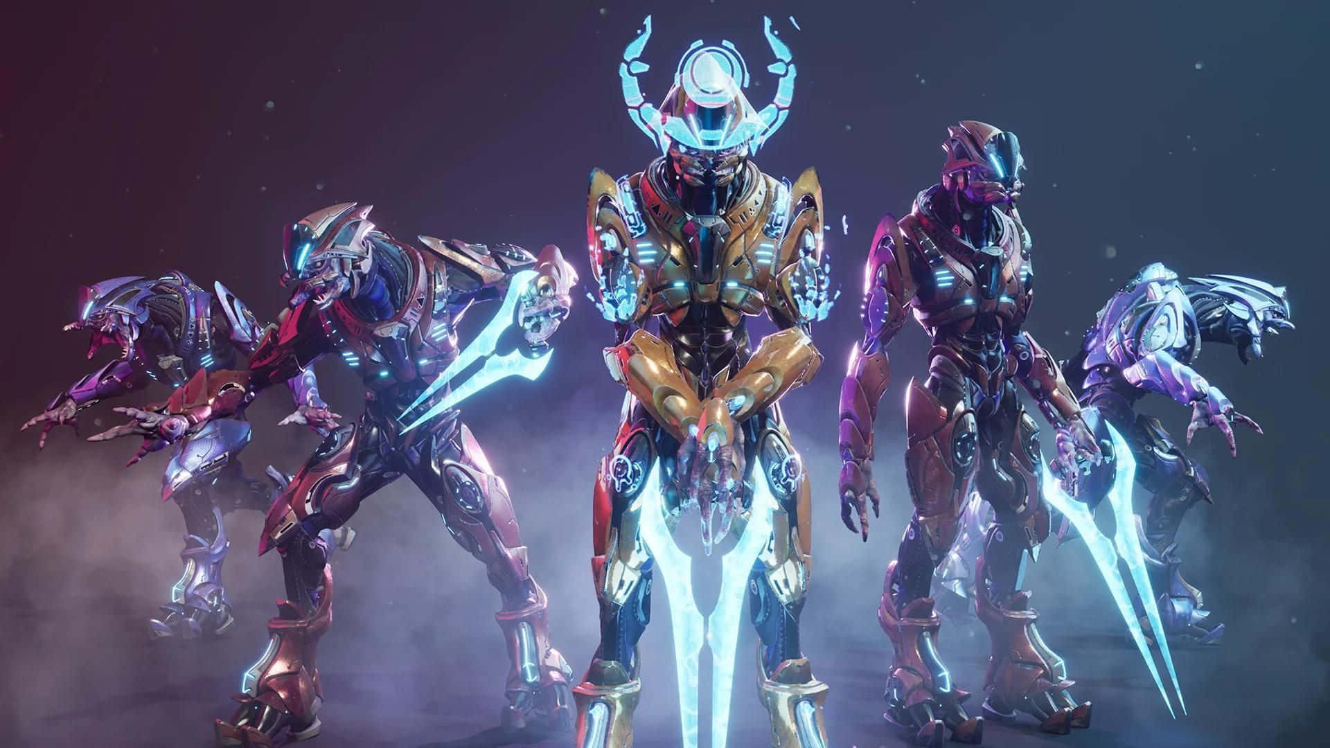Sangheili 桌布 壁紙 — 四個未來裝甲戰士手持發光刀刃，站在黑暗迷霧空間中，散發出賽博龐克能量。