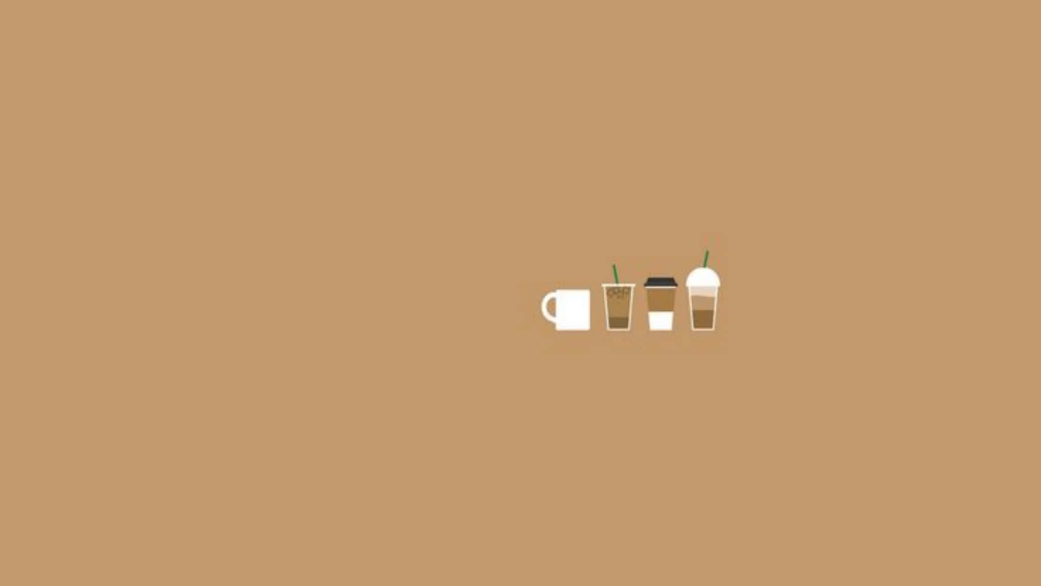 drinks 桌布 壁紙 — 四個極簡咖啡飲品圖示居中於純色棕褐色背景上。