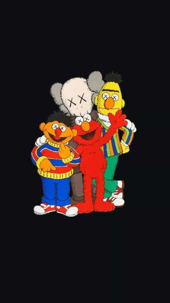 kaws 4K 桌布 壁紙 — 四個標誌性卡通角色，包括 Elmo 和 Bert，在純黑色背景前愉快地擺姿勢。