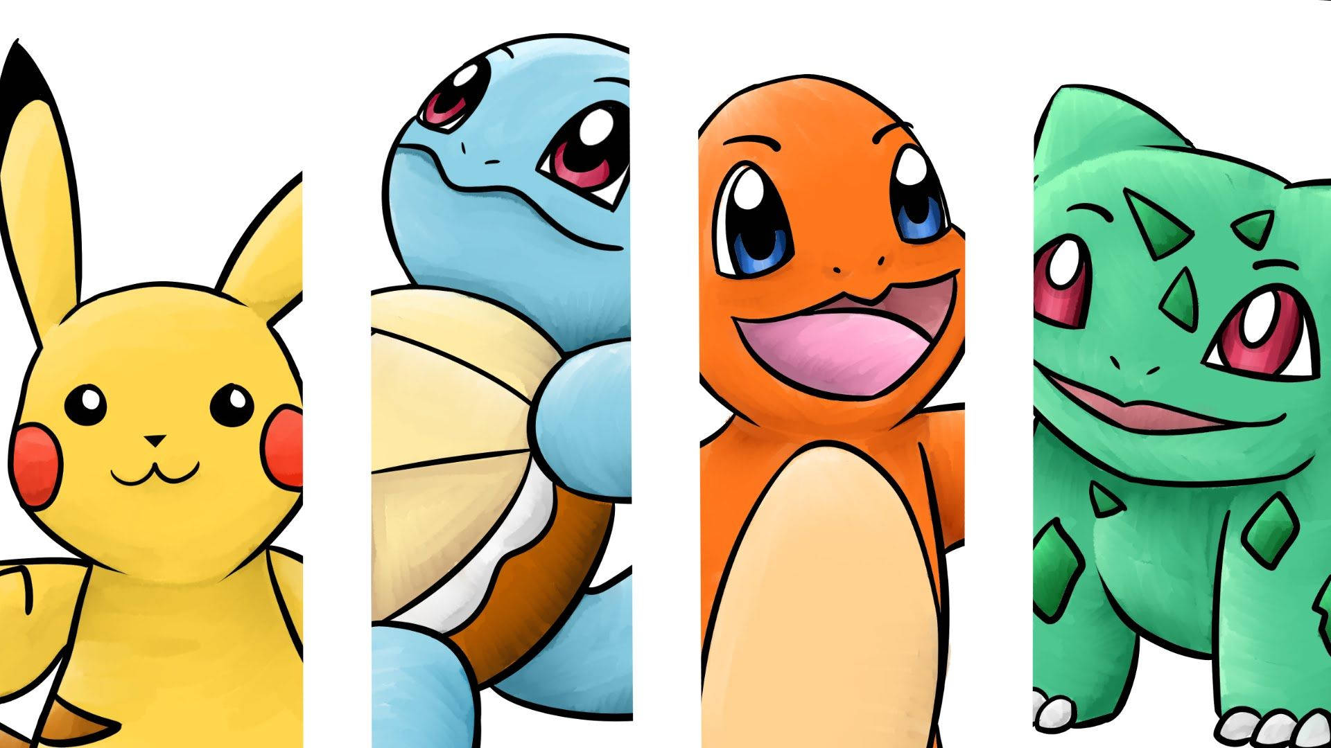 Squirtle 桌布 壁紙 — 四個標誌性寶可夢角色 皮卡丘 傑尼龜 小火龍 妙蛙種子 並排站立，表情愉快，背景為純白色。