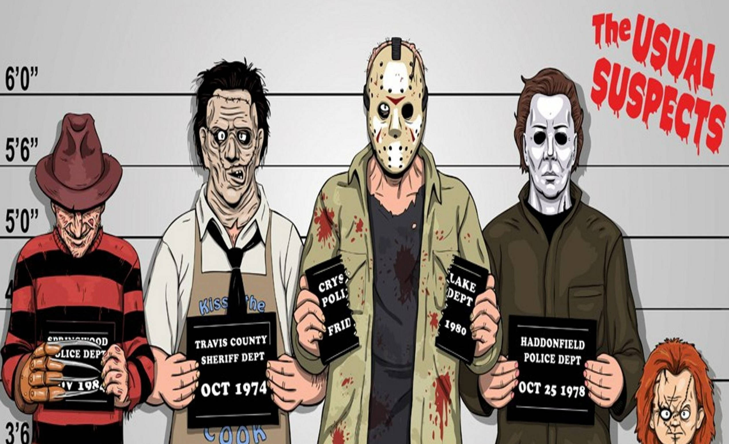 Leatherface 桌布 壁紙 — 四個標誌性恐怖反派在嫌犯照片排隊中擺姿勢，手持來自各自電影的虛假逮捕令。