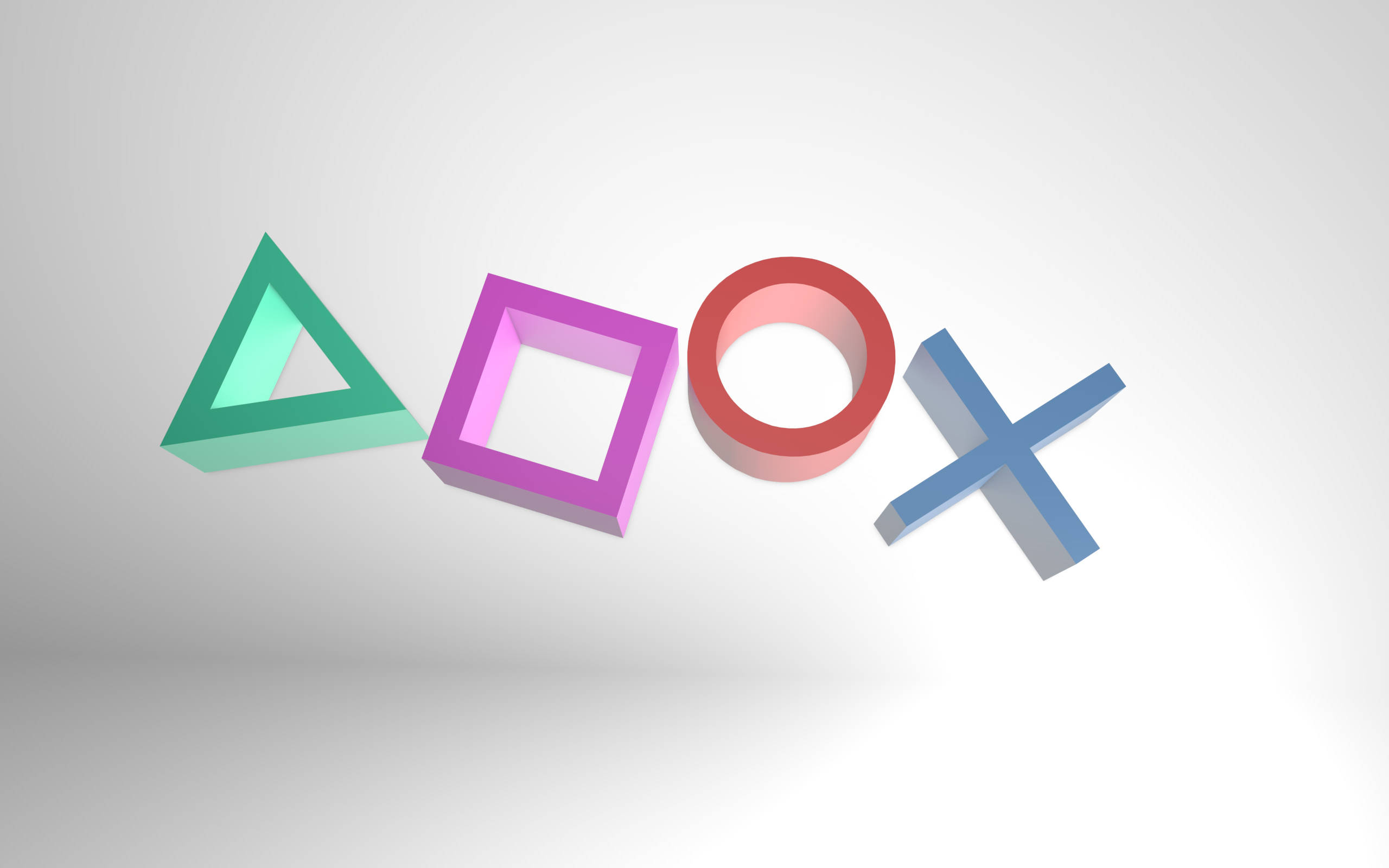PlayStation 桌布 壁紙 — 四個標誌性的 PlayStation 控制器按鈕以色彩繽紛的 3D 形狀呈現，漂浮在柔和的灰色漸變背景上。