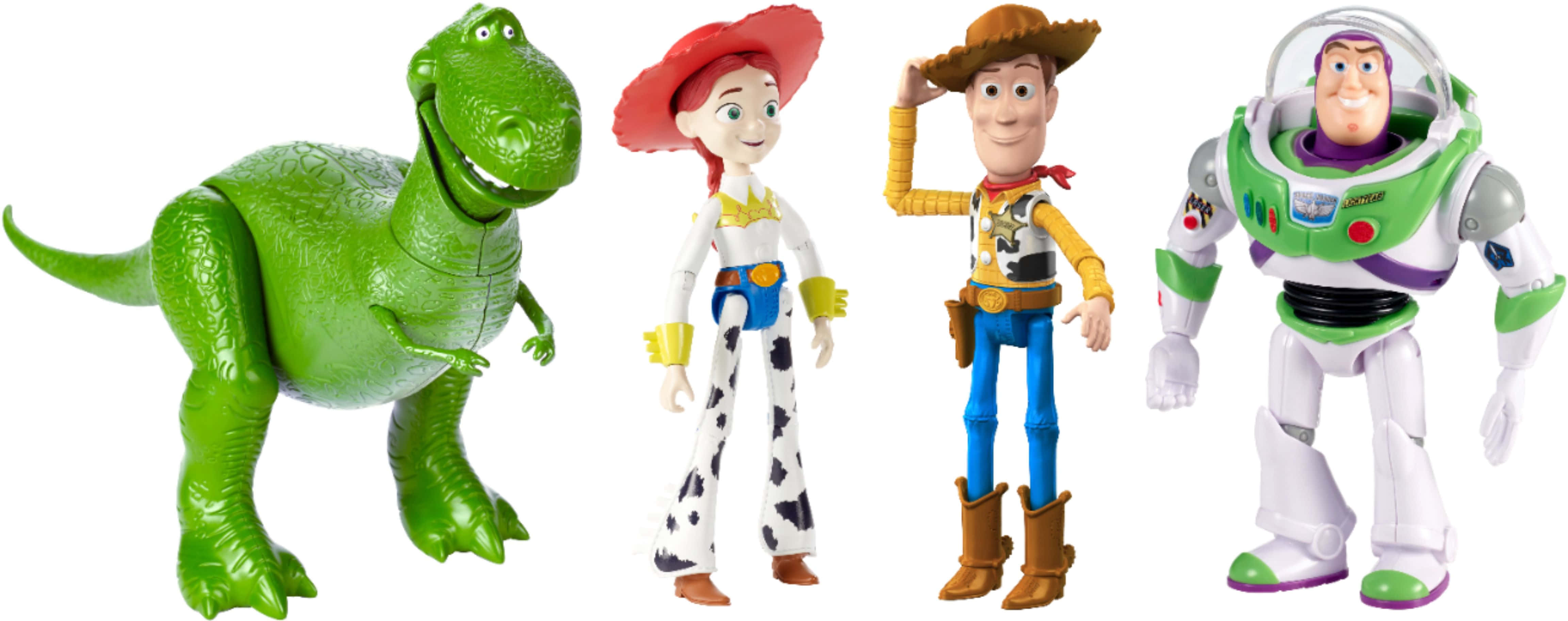 Toy Story 4 桌布 壁紙 — 四個標誌性的《玩具總動員》動作人偶，包括雷克斯、胡迪、潔西和巴斯光年，在純白色背景前擺姿勢。