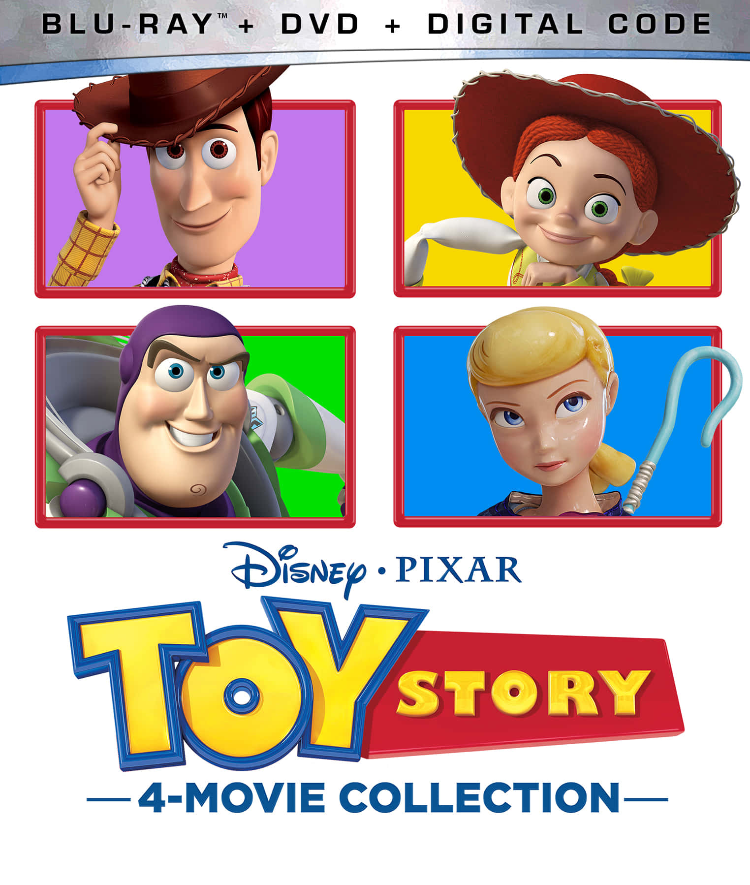 Toy Story 4 桌布 壁紙 — 四個標誌性的《玩具總動員》角色在色彩繽紛的裱框肖像中微笑，位於粗體電影合集標題上方。