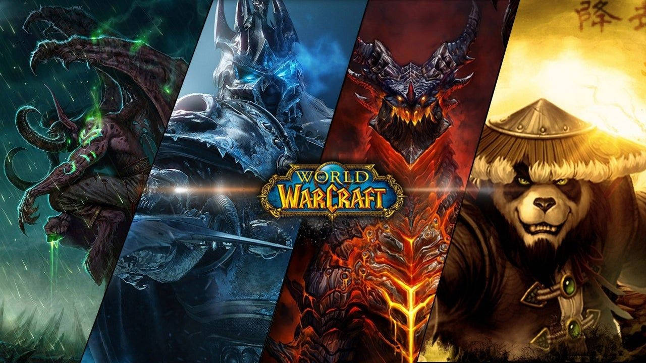 Wow 桌布 壁紙 — 四個標誌性的《魔獸世界》角色在戲劇性的對角線面板中展示奇幻怪物和英雄。