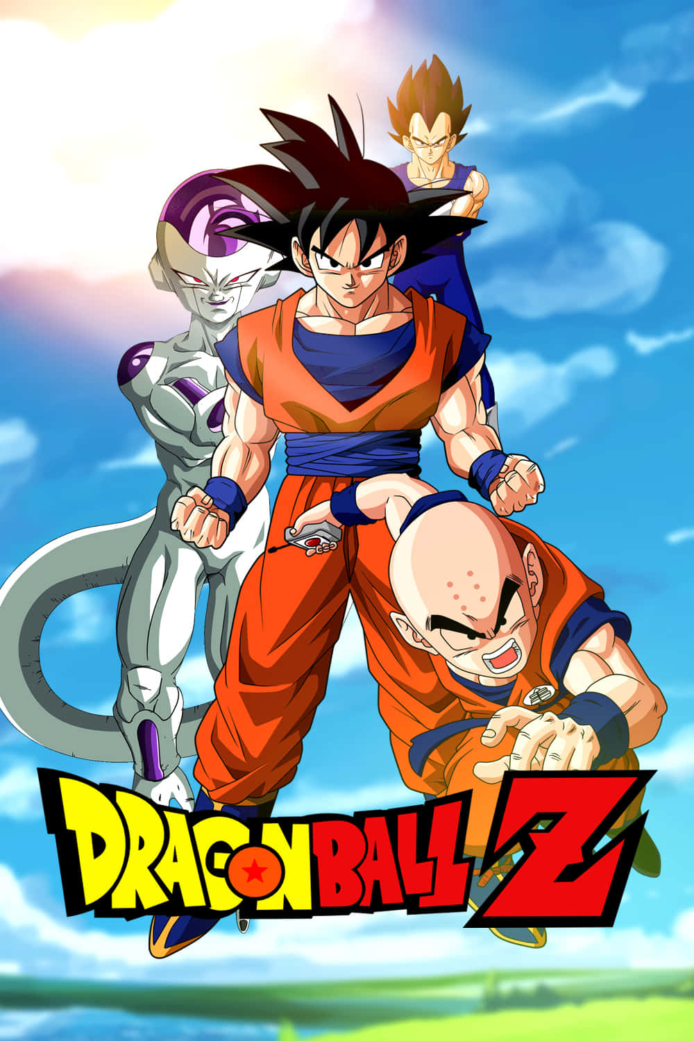 Dbz Movies 桌布 壁紙 — 四個標誌性的七龍珠Z角色在藍天白雲和下方綠色田野的背景下動態擺姿勢。